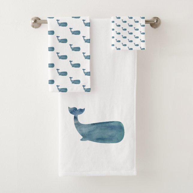 Blue Whale Coastal Beach Bath Towel Set (Insitu)