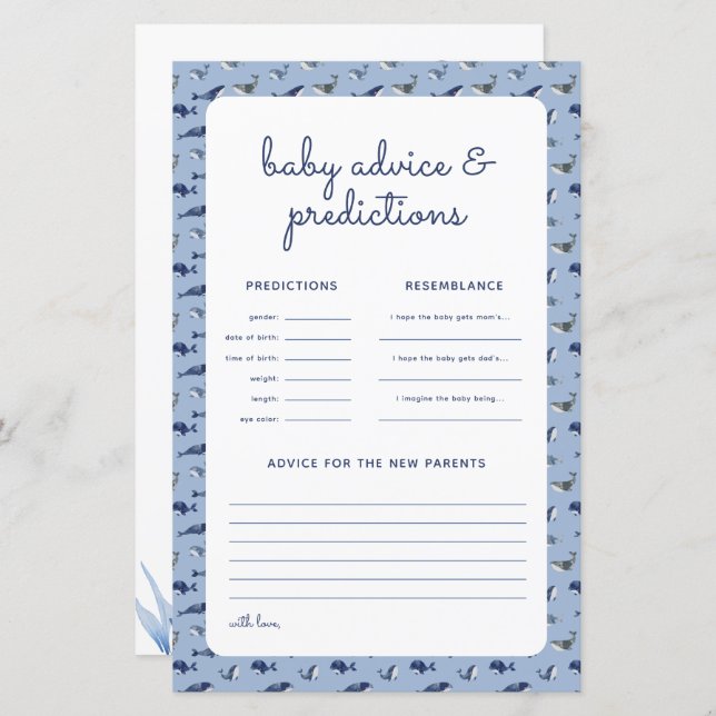 Blue Whale Coral Baby Shower Predictions Game (Front/Back)