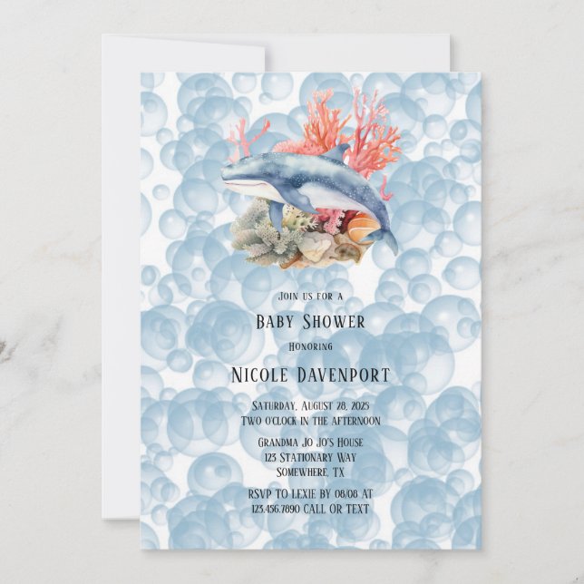 Blue Whale Coral Reef Bubbles Boy Baby Shower Invitation (Front)