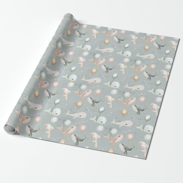 Blue Whale Dolphin and Balloon Gold Glitter Wrapping Paper (Unrolled)