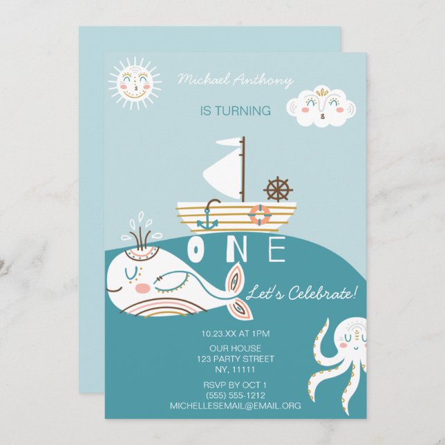 Blue Whale First Birthday Invitation (Front/Back)