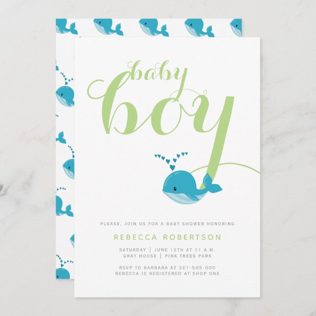 Blue whale green typography baby boy shower invitation (Front/Back)