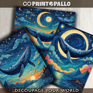 Blue whale in a blue Van gogh world Wrapping Paper Sheet
