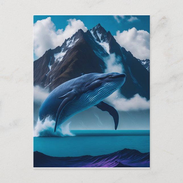 Blue whale jumping mountain background postcard (Front)