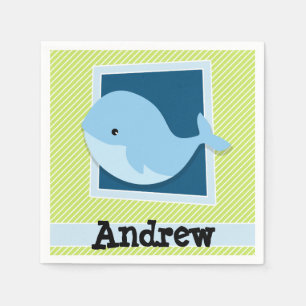 Blue Whale; Lime Green & White Stripes Napkin