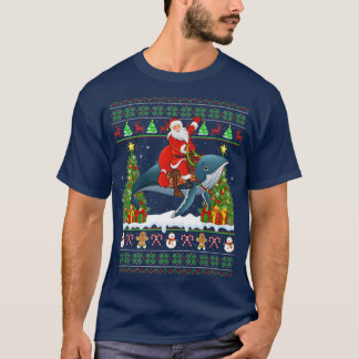 Blue Whale Lover Ugly Santa Riding Blue Whale Chri T-Shirt