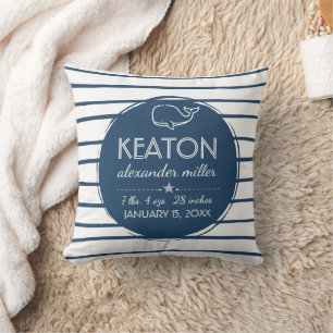 Blue Whale Nautical Baby Boy Birth Stats Cushion