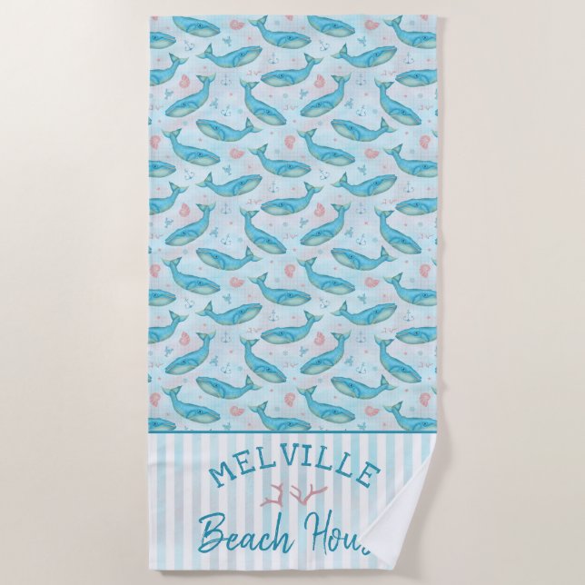 Blue Whale Nautical Beach House Personalised Ocean Towel (Front)