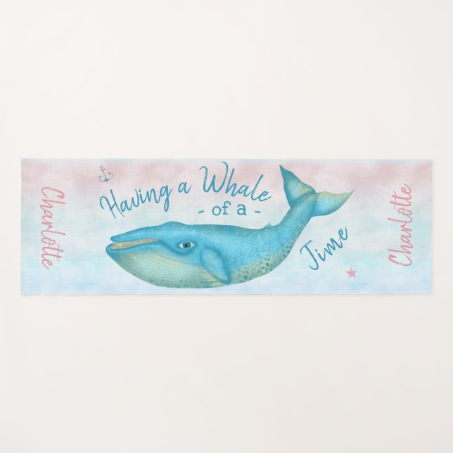 Blue Whale Nautical Beach Time Ocean Custom Name Yoga Mat (Front (Horizontal))