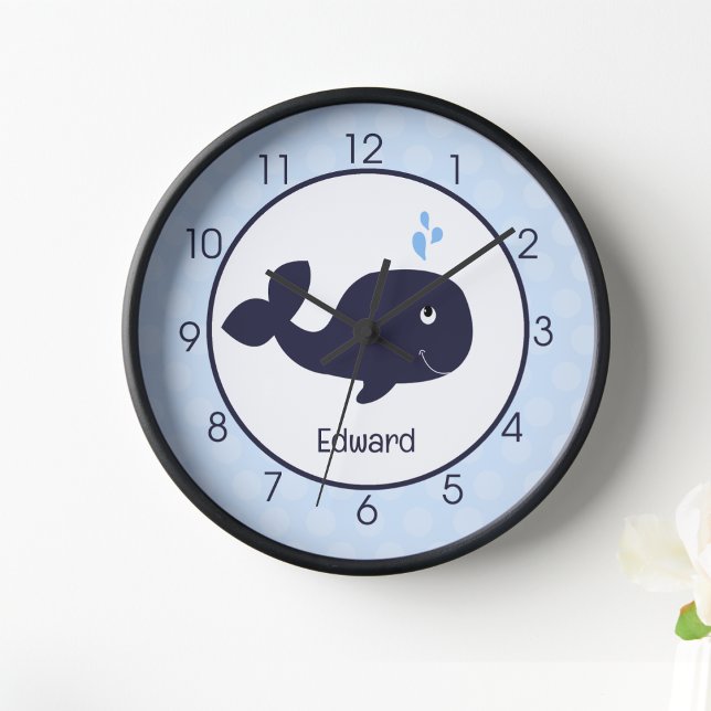 Blue Whale Nautical Ocean Nursery Kids Wall  Clock (Blue Whale Nursery Clock with  customized name)