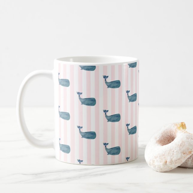 Blue Whale Nautical Stripe Pattern Coffee Mug (With Donut)