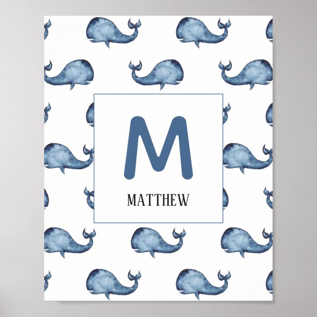 Blue whale nursery print. Baby boy monogram. Name Poster (Front)