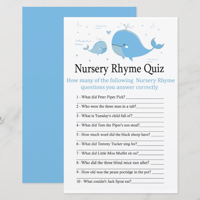 Blue Whale Nursery Rhyme Quiz baby shower game (Front/Back)