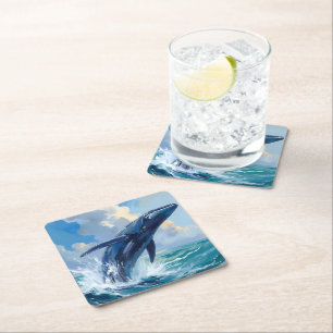 Blue Whale Ocean Animal Painting Square Paper Coaster