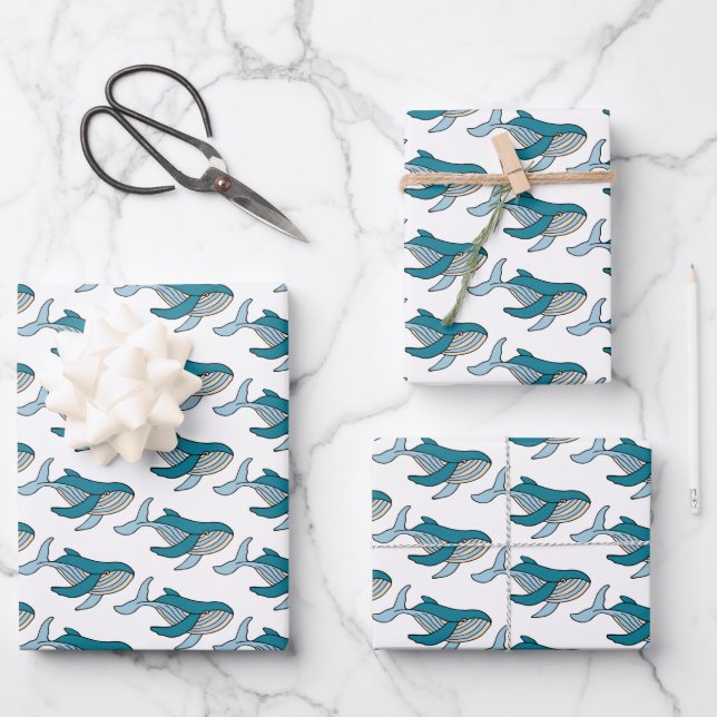 Blue Whale Ocean Kids Pattern Wrapping Paper Sheet (Front)