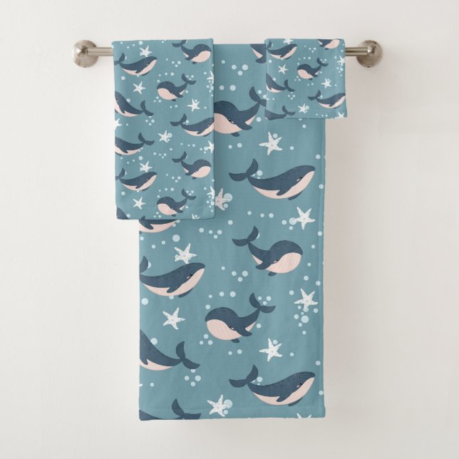 Blue Whale pattern Bath Towel Set (Insitu)