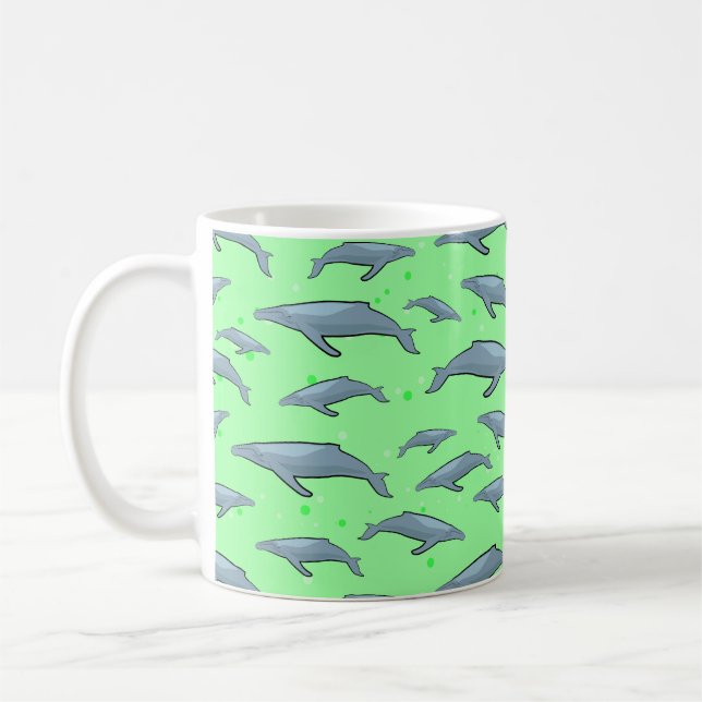 Blue Whale Pattern on Bright Green Background Coffee Mug (Left)