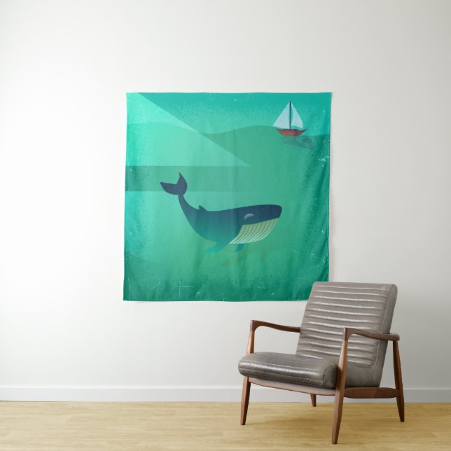 Blue Whale & Sailboat – Calm Ocean View Tapestry (In Situ)
