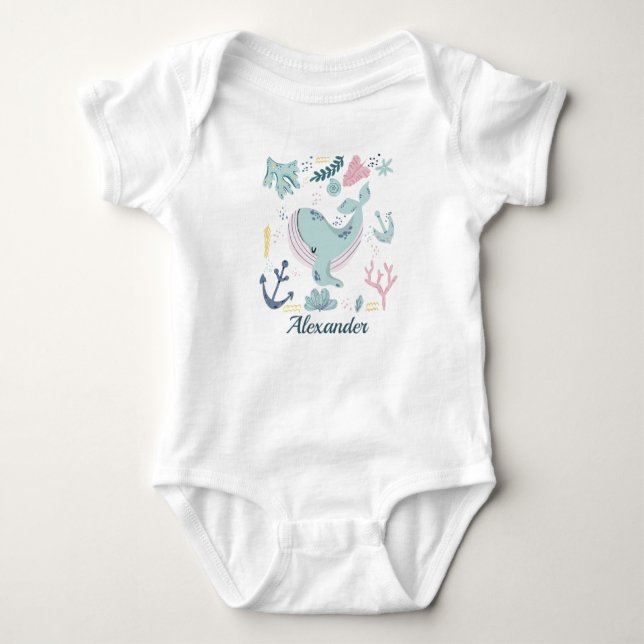 Blue Whale Sea Life Baby Ocean Marine Life Baby Bodysuit (Front)
