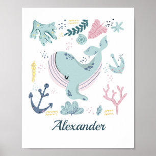 Blue Whale Sea Life Nursery Wall Art Baby Gift