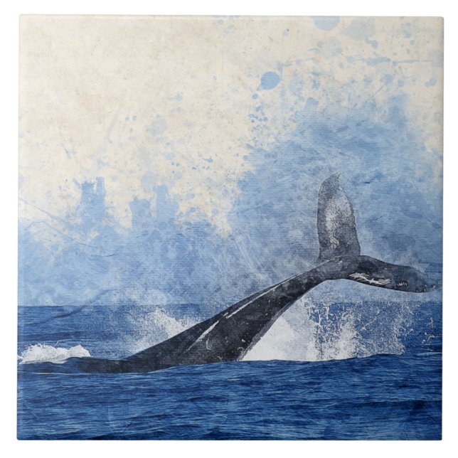 Blue Whale Splashing in Ocean Art Ceramic Tile (Front)