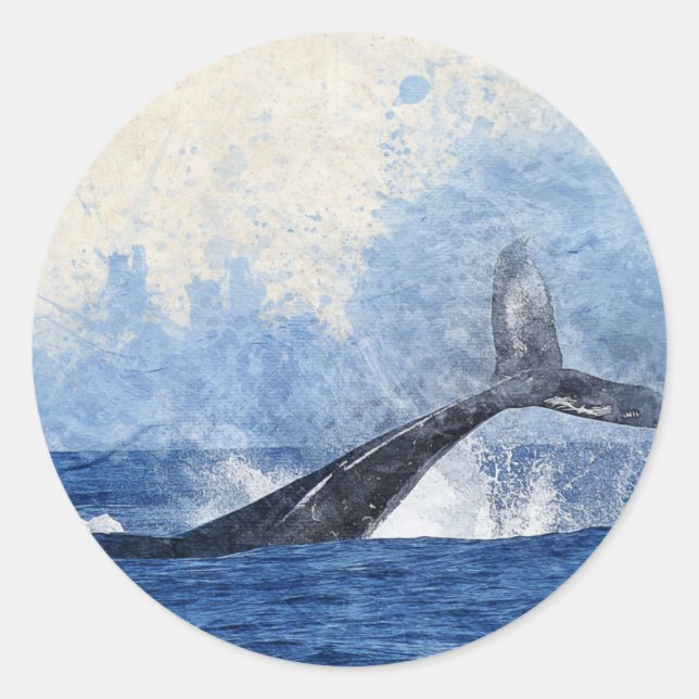 Blue Whale Splashing in Ocean Art Classic Round Sticker (Front)