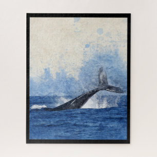 Blue Whale Splashing in Ocean Art Jigsaw Puzzle