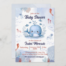 blue whale under sea baby shower invitation