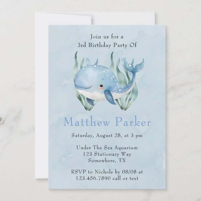 Blue Whale Under The Sea Boy Birthday Party Invitation (Front)