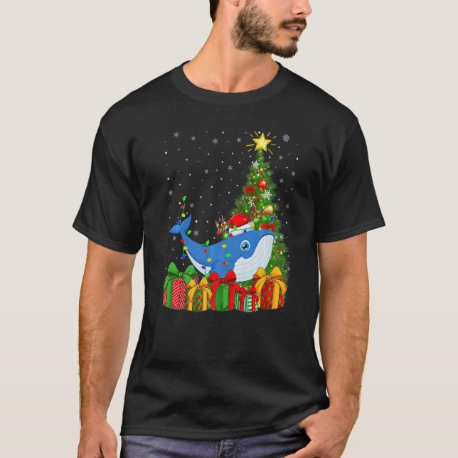 Blue Whale  Xmas Lights Santa Blue Whale Christmas T-Shirt (Front)