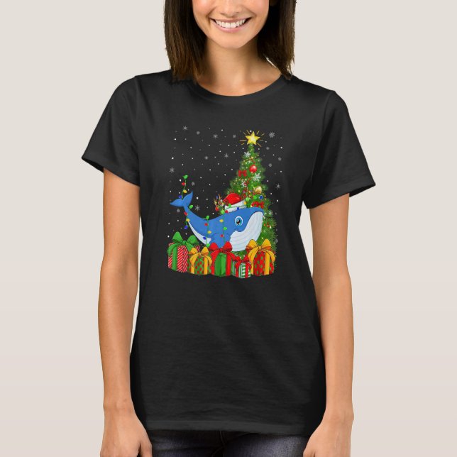 Blue Whale  Xmas Lights Santa Blue Whale Christmas T-Shirt (Front)