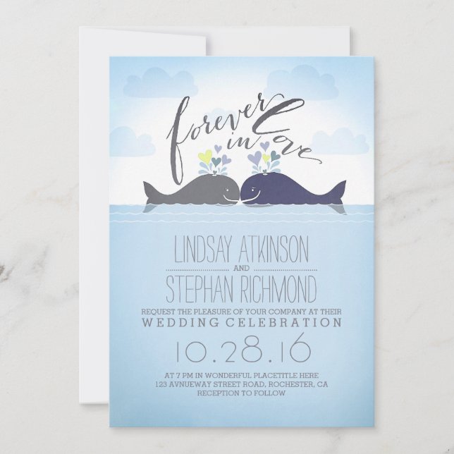 Blue Whales Cute and Romantic Nautical Wedding Invitation (Front)
