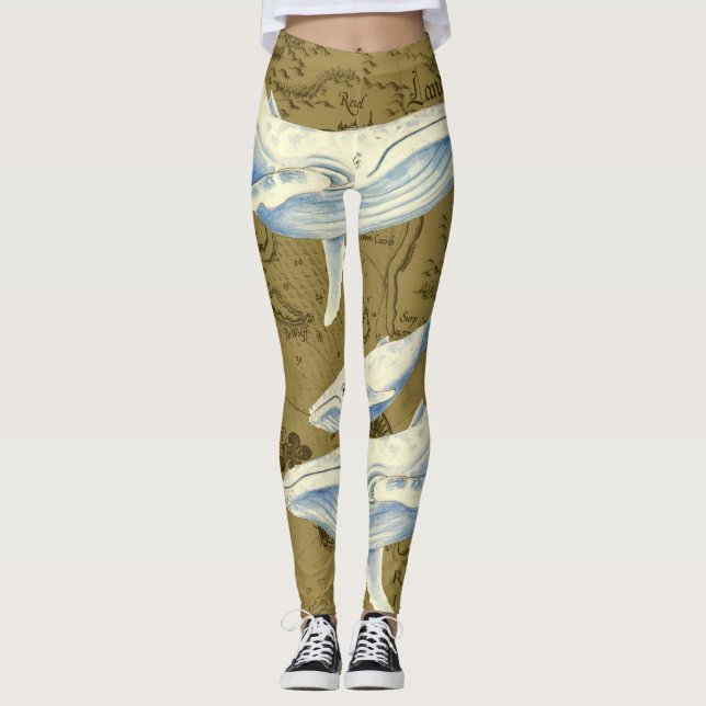 Blue Whales Family Olive Green Leggings (Front)