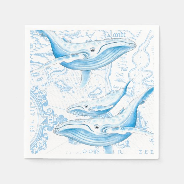 Blue Whales Family White Napkin (Front)