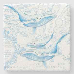 Blue Whales Family White Stone Coaster