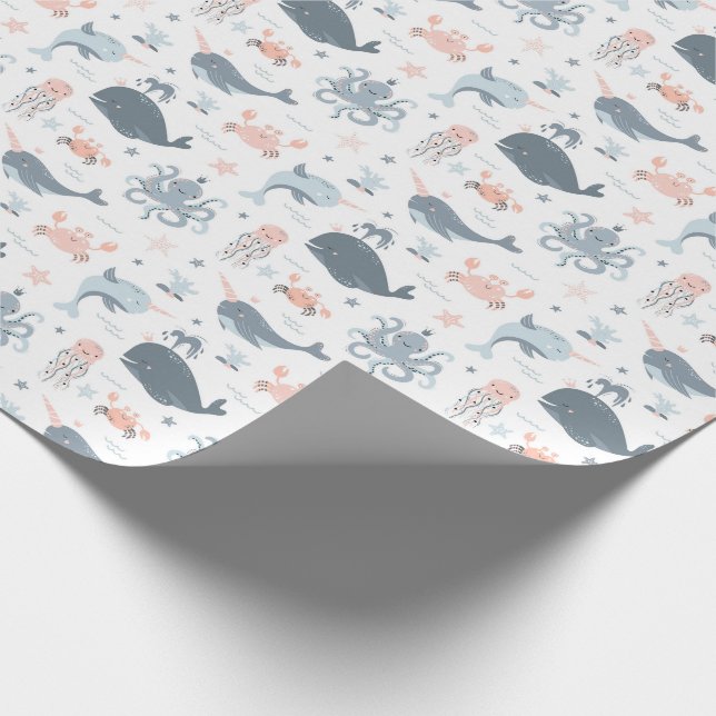 Blue Whales Pink Octopus Neutral Colours Sea Ocean Wrapping Paper (Corner)