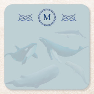 Blue Whales with Monogram Square Paper Coaster