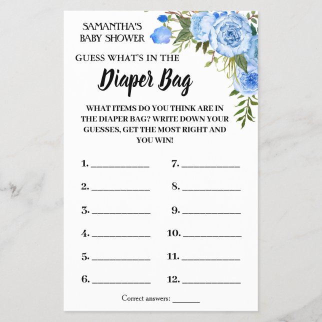 Blue What is in the diaper bag shower game card (Front)