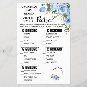 Blue What is in your Purse shower bilingual card