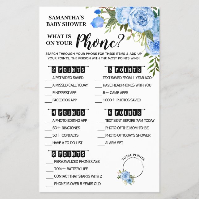 Blue What is on Phone Bilingual Shower Game Card (Front)