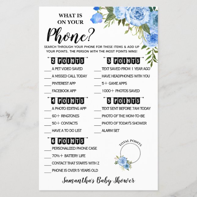 Blue What is on your Phone Baby Shower Game card (Front)