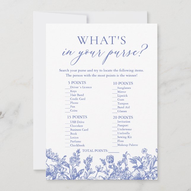 Blue What's In Your Purse Bridal Shower Game Invitation (Front)