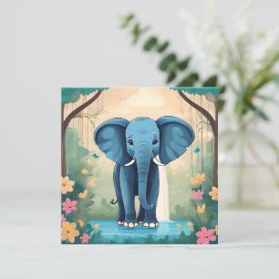 Blue Whimsical Baby Elephant, Invitation