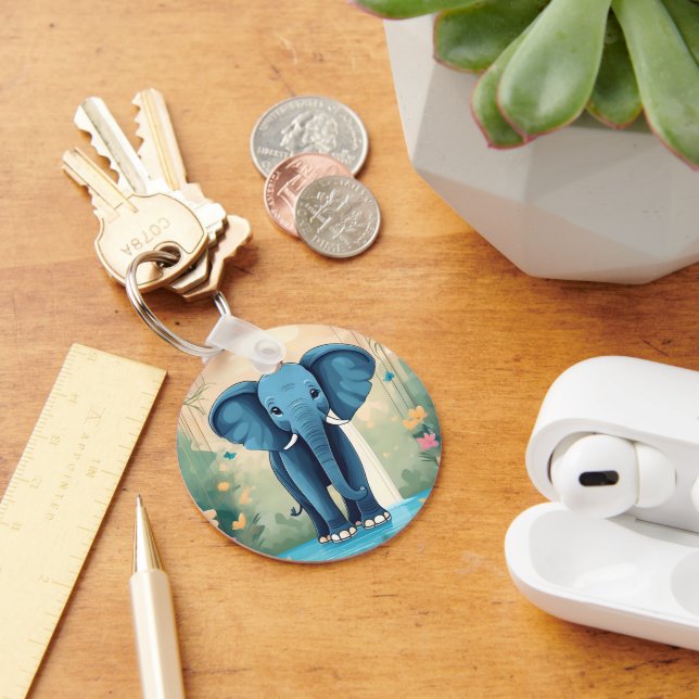 Blue Whimsical Baby Elephant, Key Ring (Desk)
