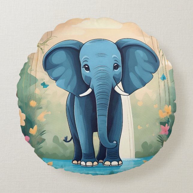 Blue Whimsical Baby Elephant, Round Cushion (Front)