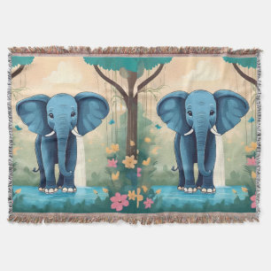 Blue Whimsical Baby Elephant, Throw Blanket