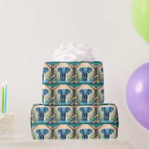 Blue Whimsical Baby Elephant, Wrapping Paper