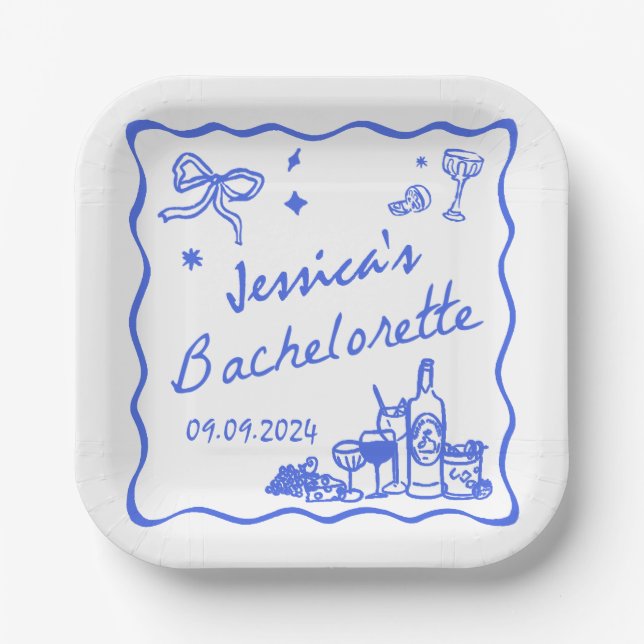 Blue Whimsical Beach Bachelorette Party Paper Plate (Front)