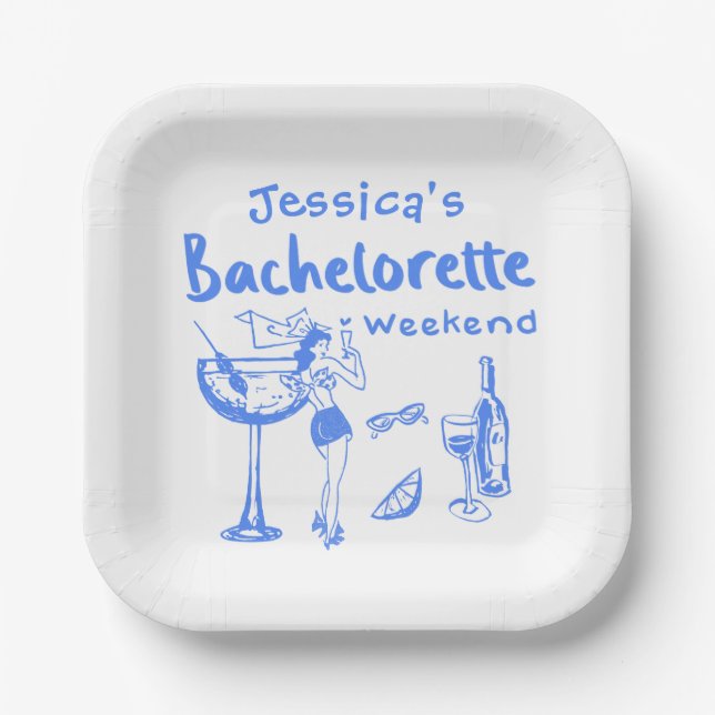 Blue Whimsical Beach Bachelorette Party Paper Plate (Front)