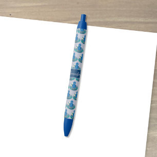 Blue Whimsical Bird Pattern Pen with Name